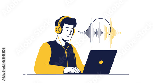 Producer Working With Laptop And Headphones Recording Audio Waves For Project