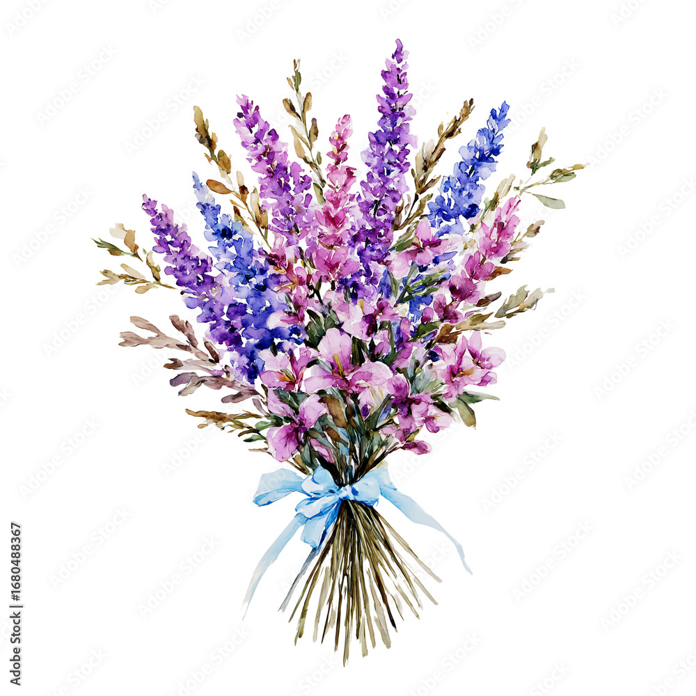 Obraz premium a delicate watercolor painting depicts a vibrant bouquet of lavender tied with a light blue ribbon against a white background.