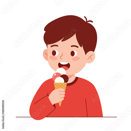 A young boy with brown hair happily eating a multi-flavored ice cream cone.