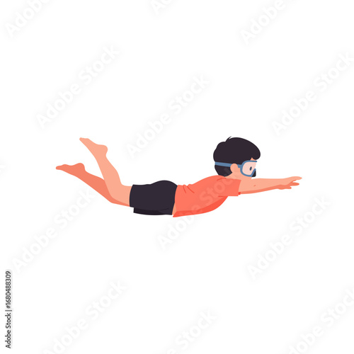 A boy in swimming goggles, performing a freestyle swimming motion, lying horizontally.