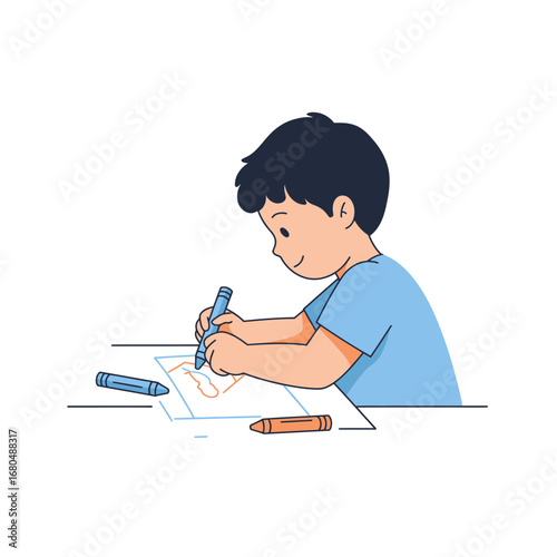 A young boy happily draws a picture with crayons at a table.