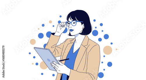 Smart Woman Observing Tablet in Modern Illustration with Abstract Background