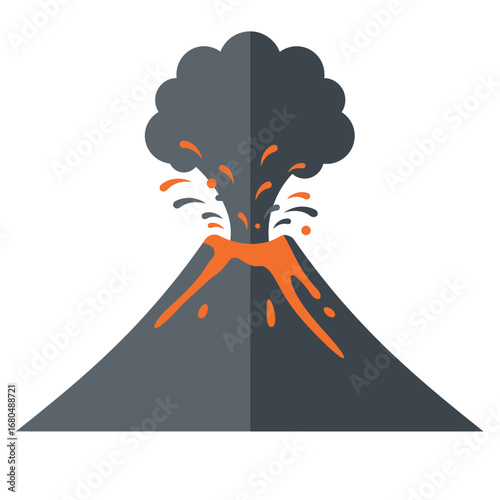 A stylized illustration of an erupting volcano, showcasing lava and smoke.