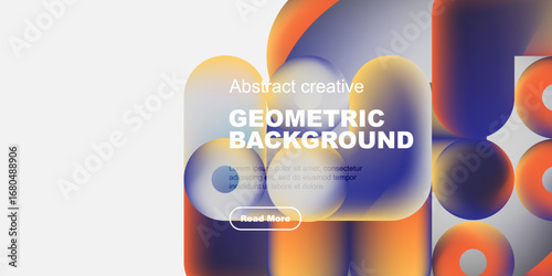 Abstract geometric background features vibrant orange, blue hues. Text overlay includes sample content, button. Modern design elements present.