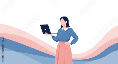 Woman Displays New Notebook: Businesswoman Holding Modern Computer, Colorful Background