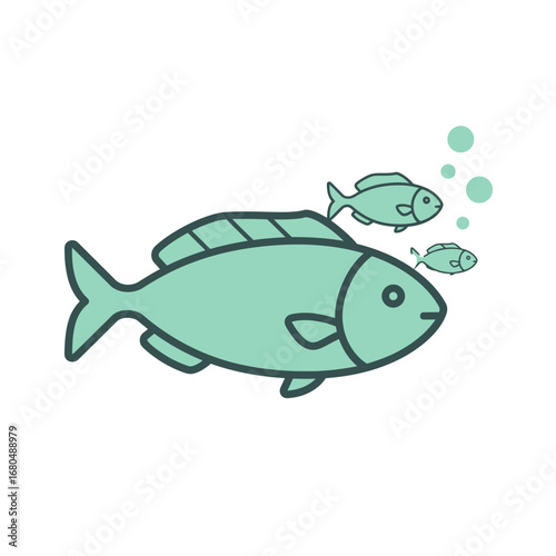 A stylized illustration of a larger fish with smaller fish surrounding it, suggesting a parent-offspring relationship or a school of fish.