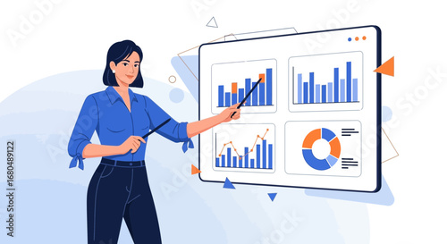 Woman Presenting Charts On a Digital Screen Illustrating Business Analytics and Strategies