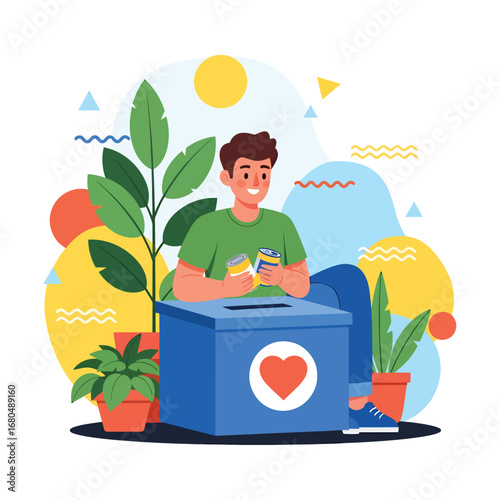 A generous young man placing canned goods into a large blue donation box with a heart symbol, illustrating the concept of charity, community support, and volunteering for a good cause