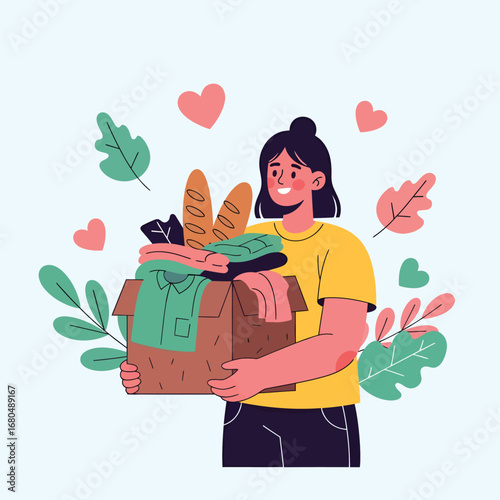 Cheerful woman with a donation box full of clothes and food, symbolizing kindness, volunteering, and humanitarian aid. A vector graphic concept for social projects, charity, and community support