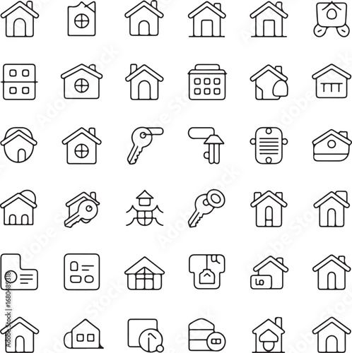 Collection of house and key outline icons for real estate and property home building