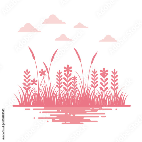 Serene pink silhouette of wildflowers and grasses reflected in calm water under a soft, cloudy sky.
