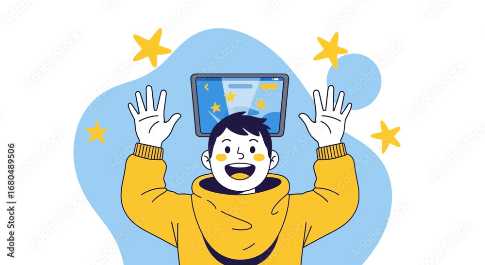 Fototapeta premium Young Boy Embracing Technology and Celebrating Success on Digital Tablet with Stars