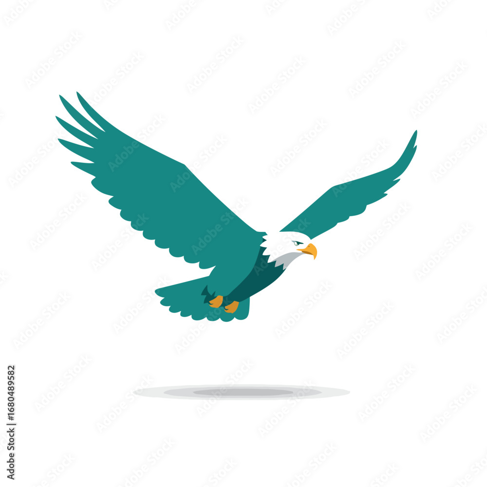 Fototapeta premium Teal eagle in flight, wings outstretched, soaring majestically against a white background.