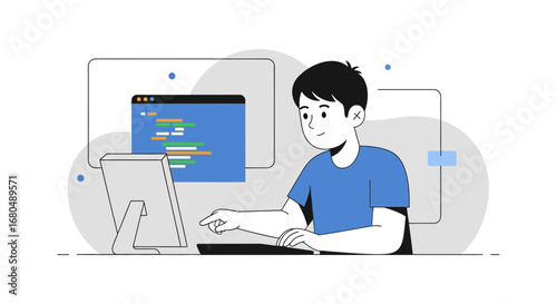 Young Developer Concentrating on Modern Coding Practices With Monitor and Program Code