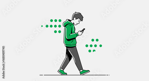 Young Man Focused On Smartphone And Walking Silhouette Amidst Stylish Green Accents
