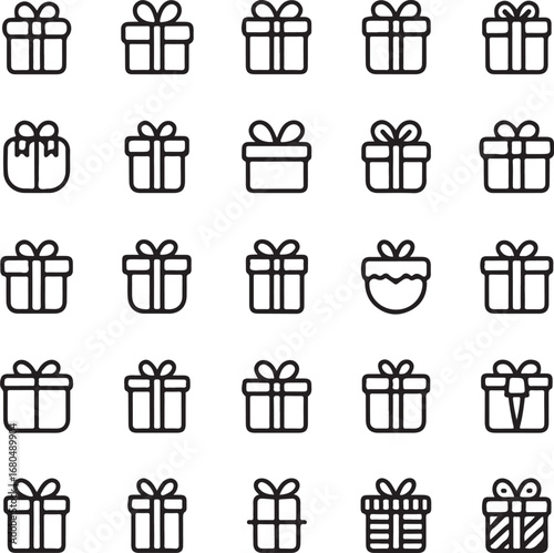 Collection of twenty five gift box icons with bows and ribbons present package