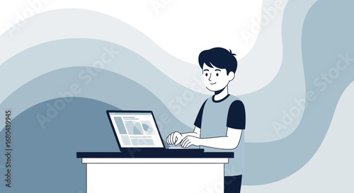 Young Person Working On a Laptop With a Modern Design and Minimalist Approach Illustration