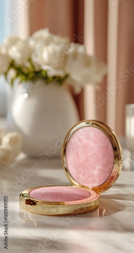 Pink compact powder on marble
