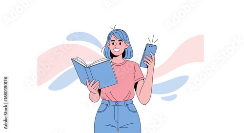 Young Woman With a Book and Smartphone, Enjoying the Fusion of Education and Technology