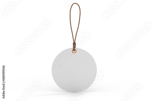 3D mockup of round blank hanging tags with brown strings, metal eyelets, isolated on background. Perfect for branding, label design, packaging, fashion, retail, shipping label, wedding tag, gift tag