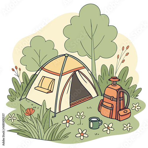 Illustration of a camping scene with a tent, backpack, and flowers, capturing the essence of outdoor adventure and nature exploration during a summer vacation