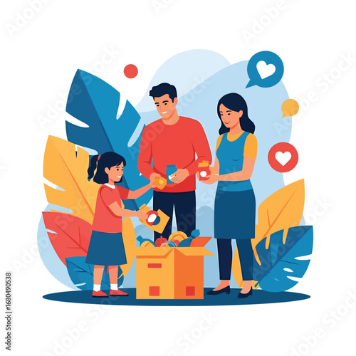 A Heartwarming Scene of a Family Donating Items from a Box, Symbolizing Generosity and Community Spirit with a Touch of Joy and Love for a Better Tomorrow