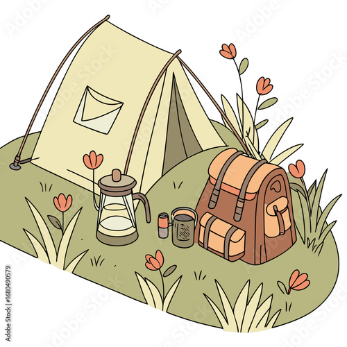 Illustration of a camping scene with a tent, backpack, coffee pot, mug, and flowers on a green field, perfect for outdoor adventure and summer vacation designs