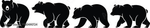 Set of grizzly bear silhouettes in various poses, isolated black vector illustration perfect for wildlife, nature, forest, or animal design.
