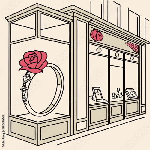 Illustration of a jewelry store window showcasing a diamond ring with a rose, symbolizing love and luxury, ideal for fashion or retailthemed designs, with a touch of urban elegance