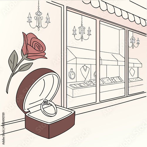 Illustration of a jewelry store with a ring in a box and a rose, symbolizing love, engagement, and special occasions, perfect for romantic gifts and wedding proposals