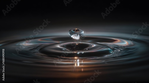 A captivating close-up of a water droplet suspended in mid-air, creating intricate ripples and reflections on the dark surface below.