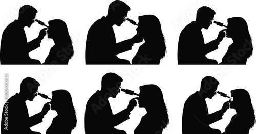 Doctor examining patient eye, ophthalmology silhouette, medical checkup, healthcare vision test, optometrist consultation, hospital diagnosis, clinical treatment, physician 