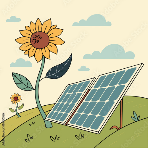 Illustration of a sunflower and solar panels in a field, , perfect for illustrating renewable energy and sustainable technology concepts