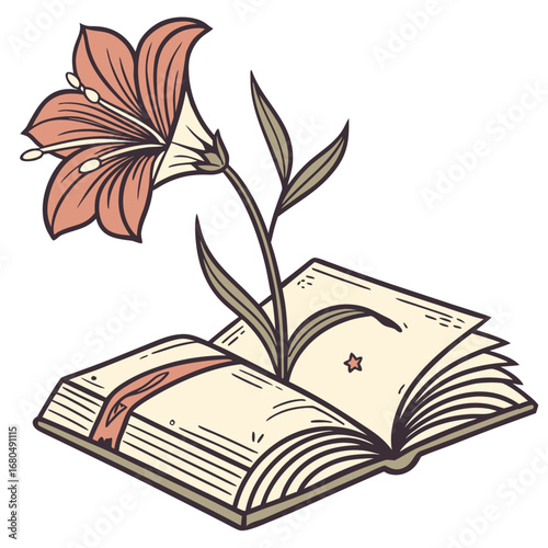 Illustration of an open book with a lily flower emerging, symbolizing knowledge and beauty, perfect for education or literaturethemed designs, with a touch of vintage romance