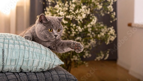 Gray cat with orange eyes playfully reaching from a pillow