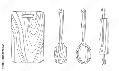 Set of wooden kitchen tools. Cutting board, wooden spoon, rolling pin. Hand drawn Simple line art illustration vector.	