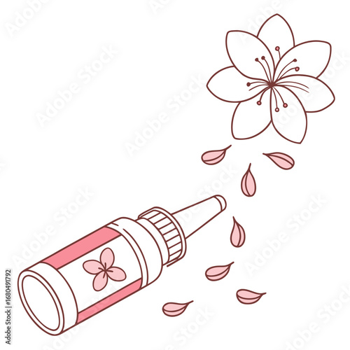 Vector art of a minimalist illustration of a pink bottle with a sakura flower and petals falling, , perfect for cosmetic, health, and wellness designs and illustrations