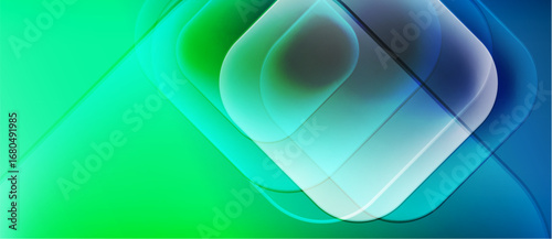 Abstract composition. Overlapping translucent squares create dynamic visual effect. Gradient transitions from green to blue dominate scene. Minimalist design.