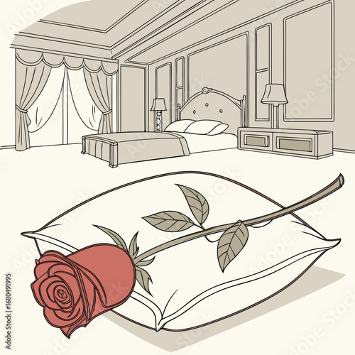 Vector art of a romantic bedroom scene with a red rose resting on a pillow, creating an atmosphere of love and elegance, perfect for valentines day or a special occasion