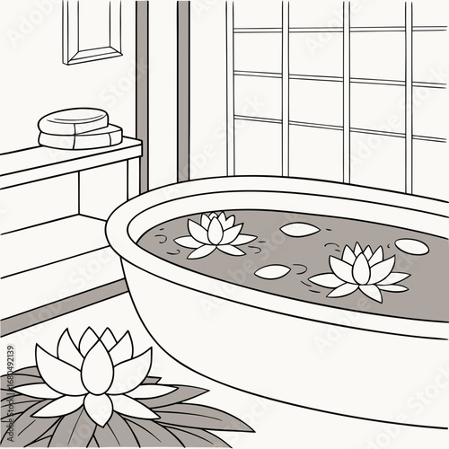 Vector art of a serene bathroom interior with a bathtub filled with water and floating lotus flowers, creating a peaceful and relaxing atmosphere