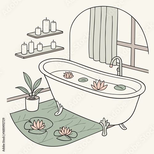 Vector art of a tranquil bathroom scene with a clawfoot bathtub filled with water lilies, candles on shelves, and a plant on a rug, creating a serene and relaxing spa atmosphere