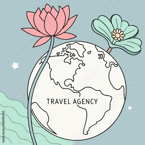 Vector art of a travel agency logo featuring a globe adorned with lotus flowers, stars, and waves, symbolizing global exploration, natural beauty, and the spirit of adventure, perfect for branding