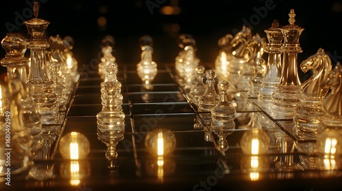 Crystal chess pieces illuminated by warm lights on a dark board, showcasing intricate detail and reflections.
