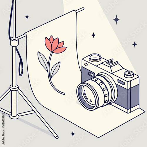 Vector art of isometric illustration of a camera and flower in a photography studio, capturing the essence of creative expression and artistic vision, perfect for showcasing the beauty of photography