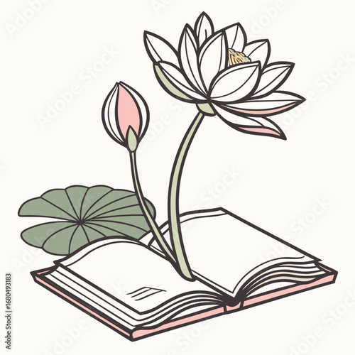 Vector art of lotus flower on an open book represents peace, beauty, and spiritual growth, handdrawn illustration with a vintage and decorative style, zen and meditation