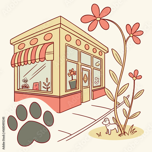 Vector art of vintage illustration of a quaint store exterior with flowers, a dog, and a paw print, evoking a charming and nostalgic scene with retro style and artistic flair