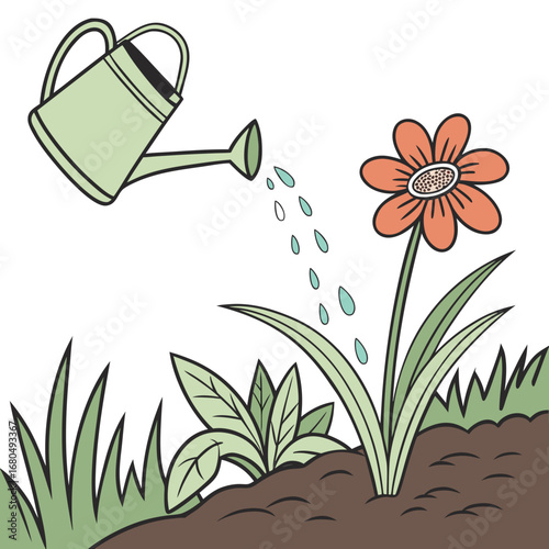 Vector art of watering a flower in the garden with a watering can, promoting growth and nurturing nature