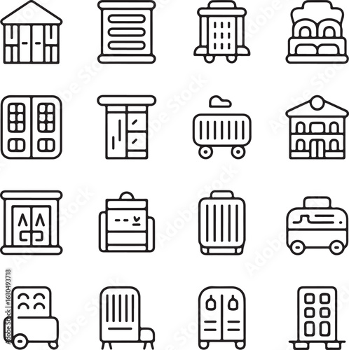 Collection of Outline Icons Representing Buildings and Transportation architecture house