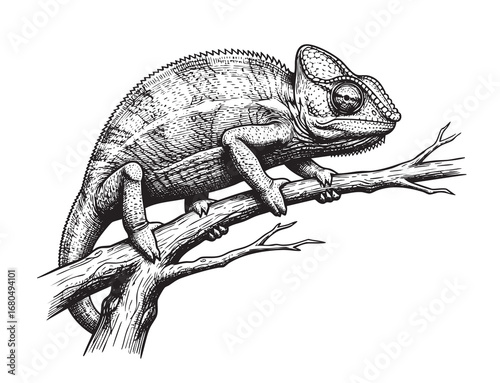 Vintage wildlife etching of chameleon, monochrome hand-drawn reptile line art, rustic fauna sketch, detailed nature illustration, old engraving style, trendy nature artwork, intricate black sketch