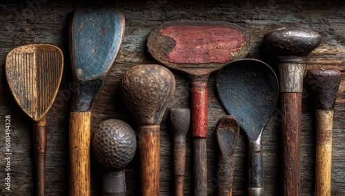 Vintage golf clubs and tools on weathered wood
